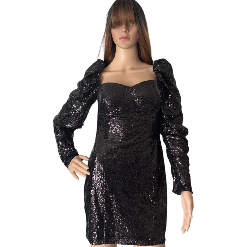 Black Sequin Puff-Sleeve Mini Dress